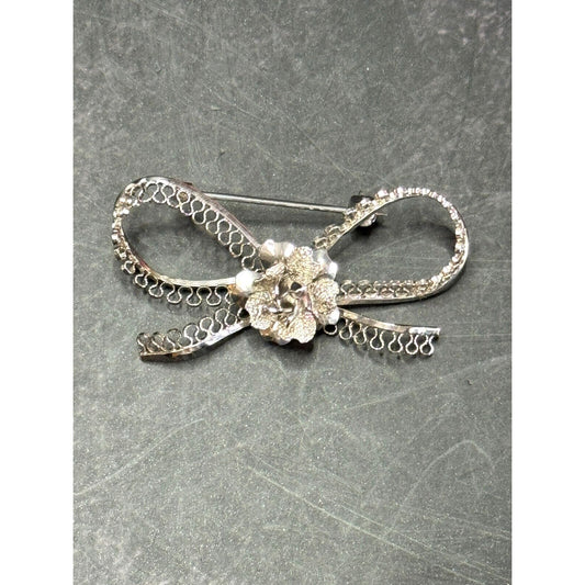 Vintage 925 Sterling Silver Star-Art Rose Filigree Bow Dress Pin Brooch New York