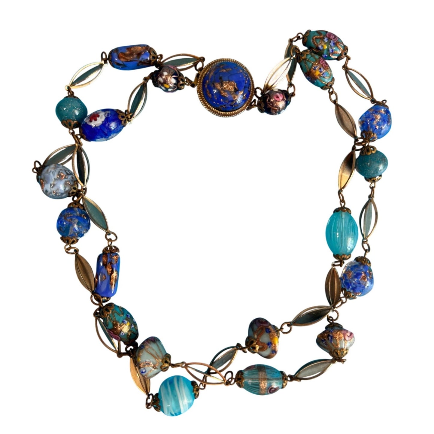 Vintage Venetian Murano Wedding Cake Glass Bead Necklace Blue Aventurine 17"