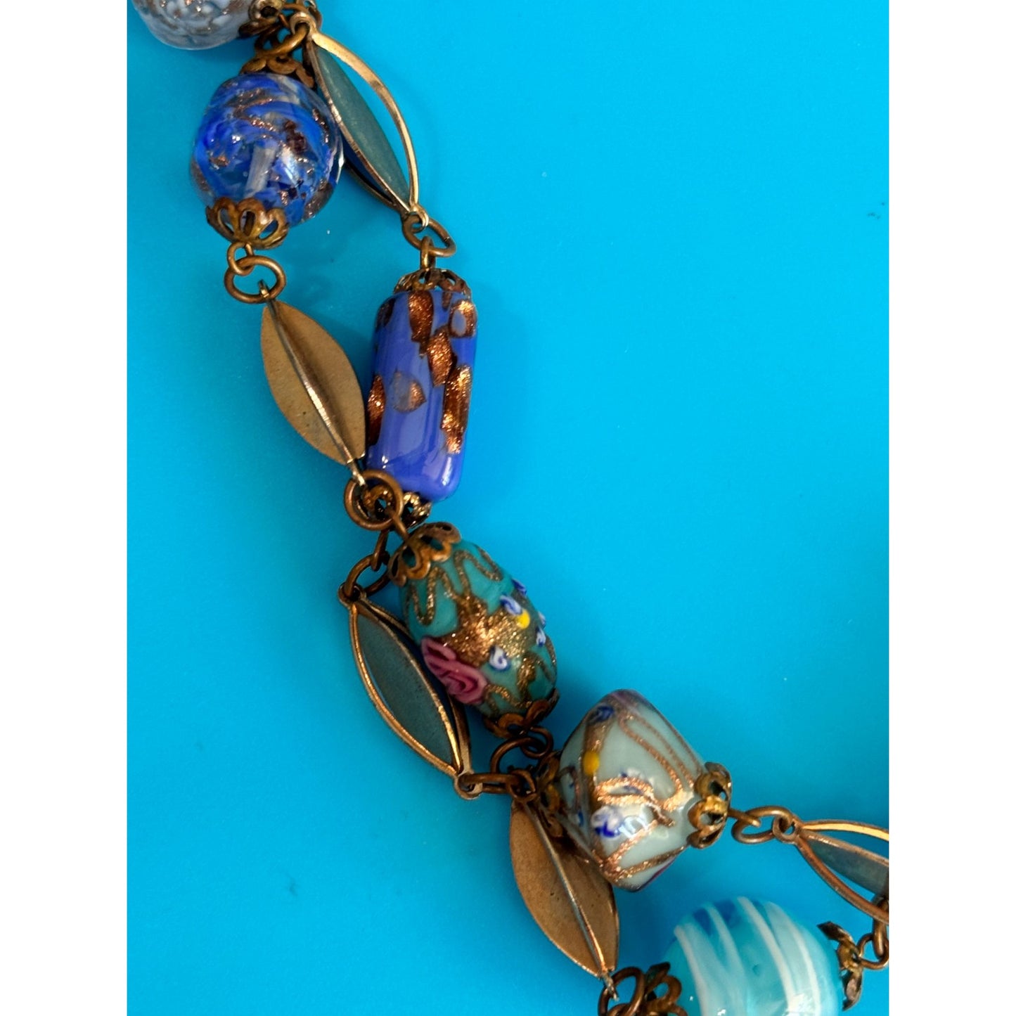 Vintage Venetian Murano Wedding Cake Glass Bead Necklace Blue Aventurine 17"
