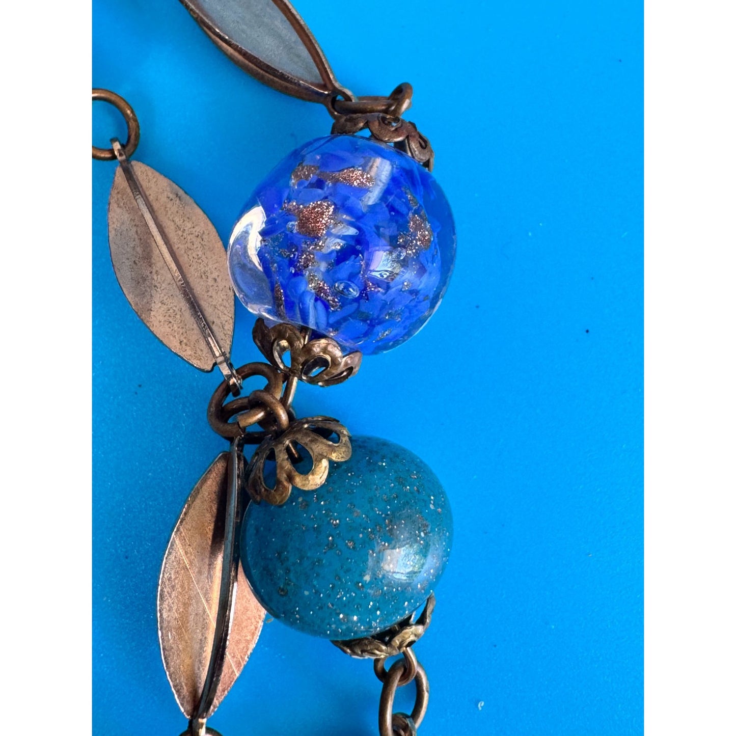 Vintage Venetian Murano Wedding Cake Glass Bead Necklace Blue Aventurine 17"