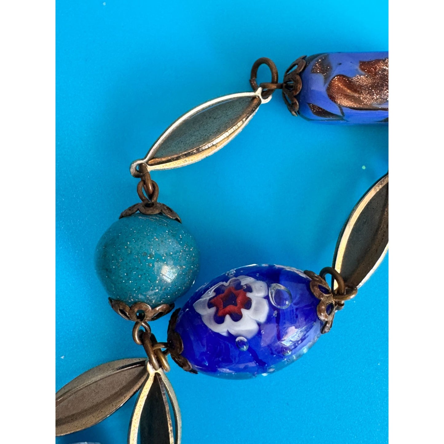 Vintage Venetian Murano Wedding Cake Glass Bead Necklace Blue Aventurine 17"