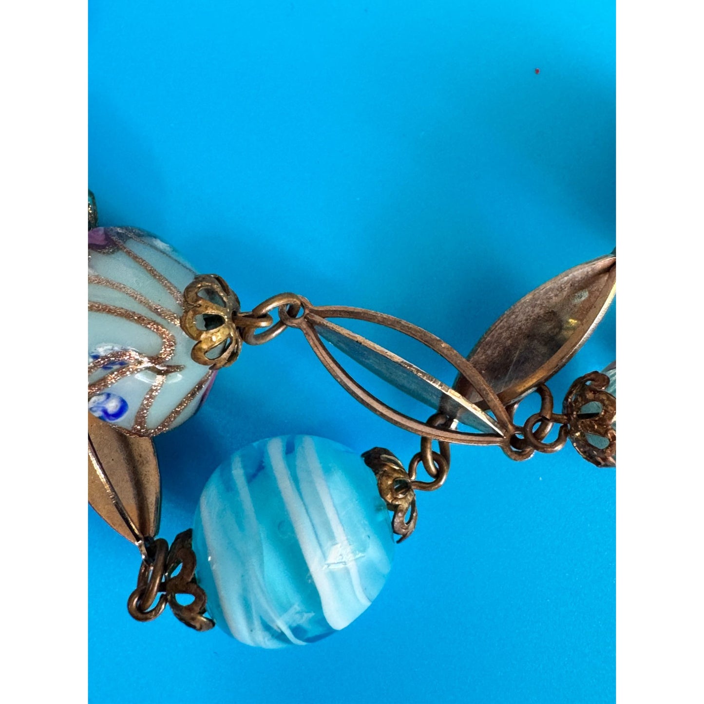 Vintage Venetian Murano Wedding Cake Glass Bead Necklace Blue Aventurine 17"
