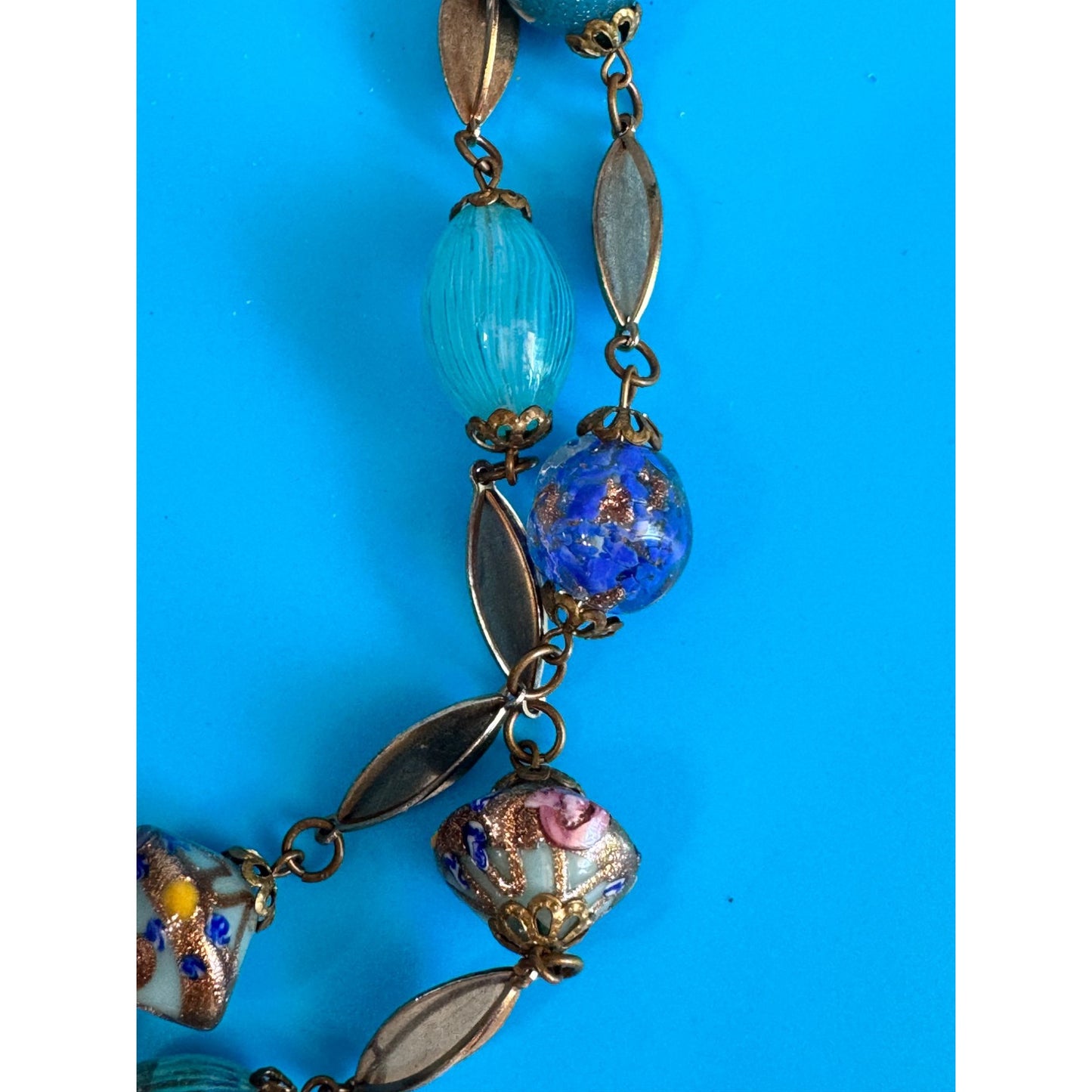 Vintage Venetian Murano Wedding Cake Glass Bead Necklace Blue Aventurine 17"