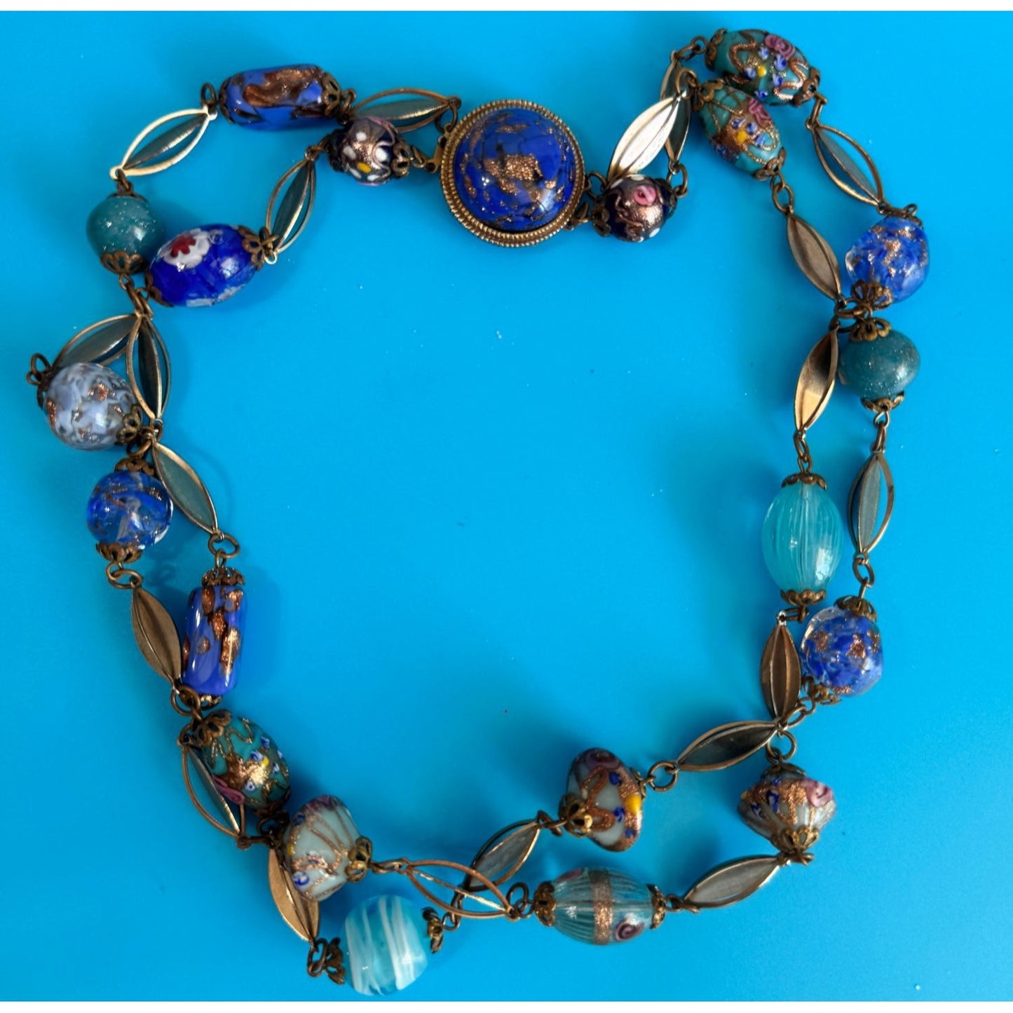 Vintage Venetian Murano Wedding Cake Glass Bead Necklace Blue Aventurine 17"
