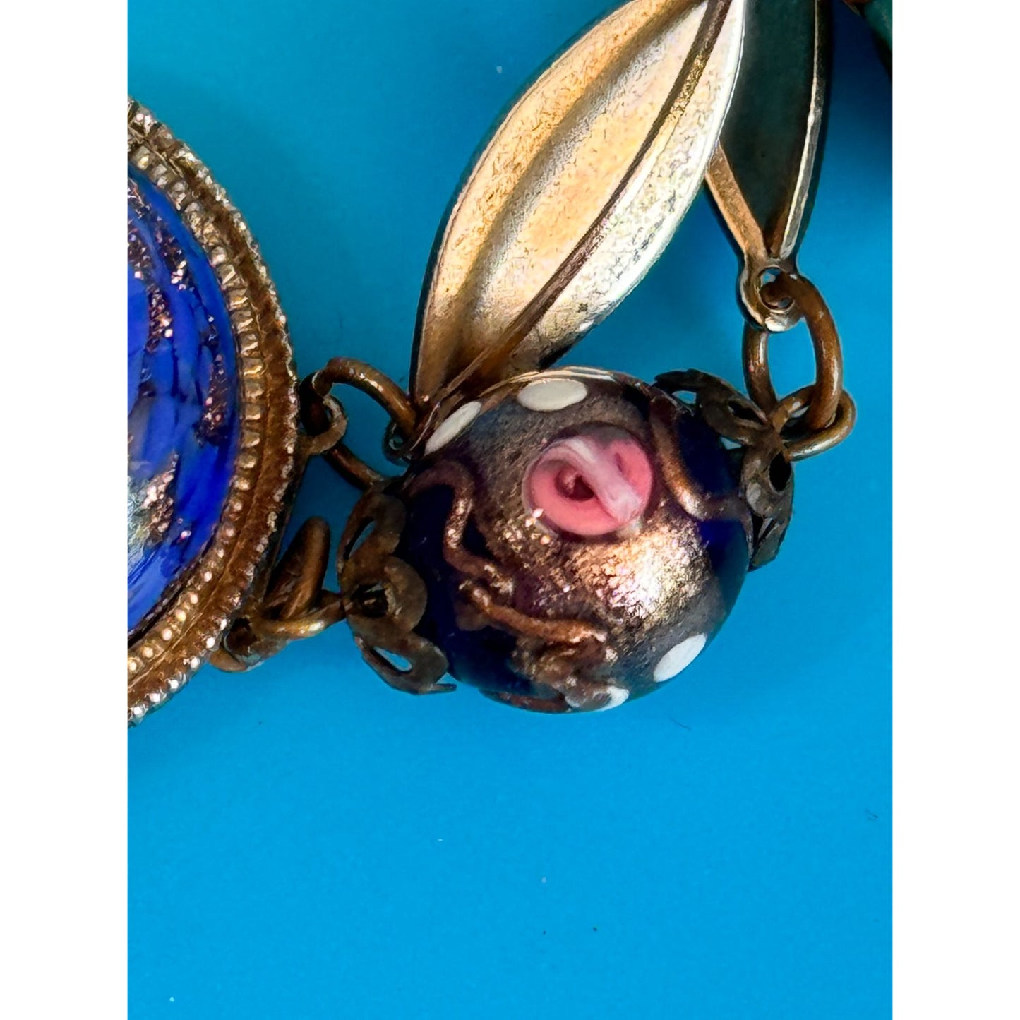 Vintage Venetian Murano Wedding Cake Glass Bead Necklace Blue Aventurine 17"