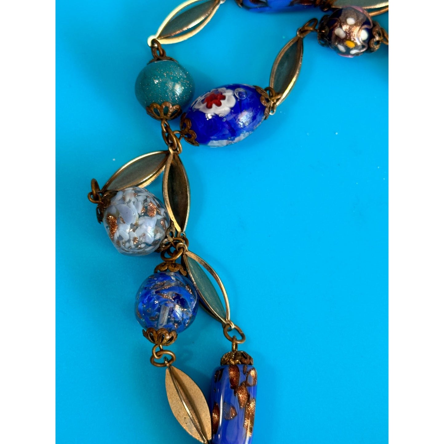 Vintage Venetian Murano Wedding Cake Glass Bead Necklace Blue Aventurine 17"