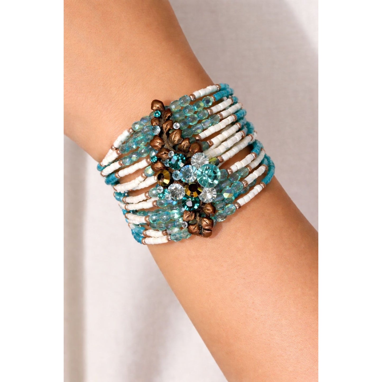 Aqua Boho Wide Cuff Statement Bracelet Seed Beads Rhinestone Center Adjustable 7 1/2"-9 1/2"