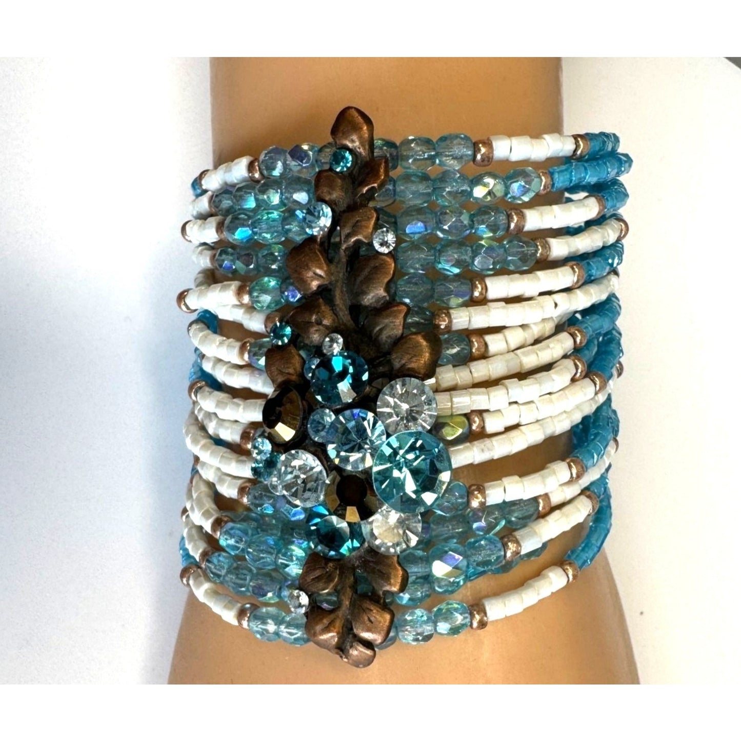 Aqua Boho Wide Cuff Statement Bracelet Seed Beads Rhinestone Center Adjustable 7 1/2"-9 1/2"