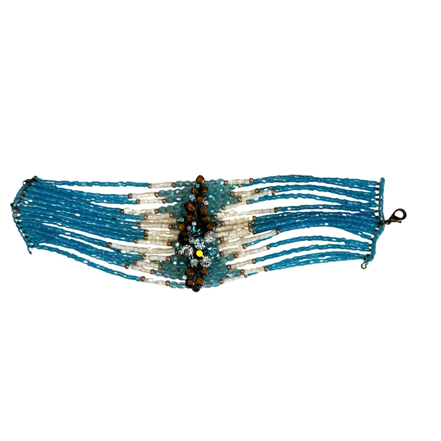 Aqua Boho Wide Cuff Statement Bracelet Seed Beads Rhinestone Center Adjustable 7 1/2"-9 1/2"