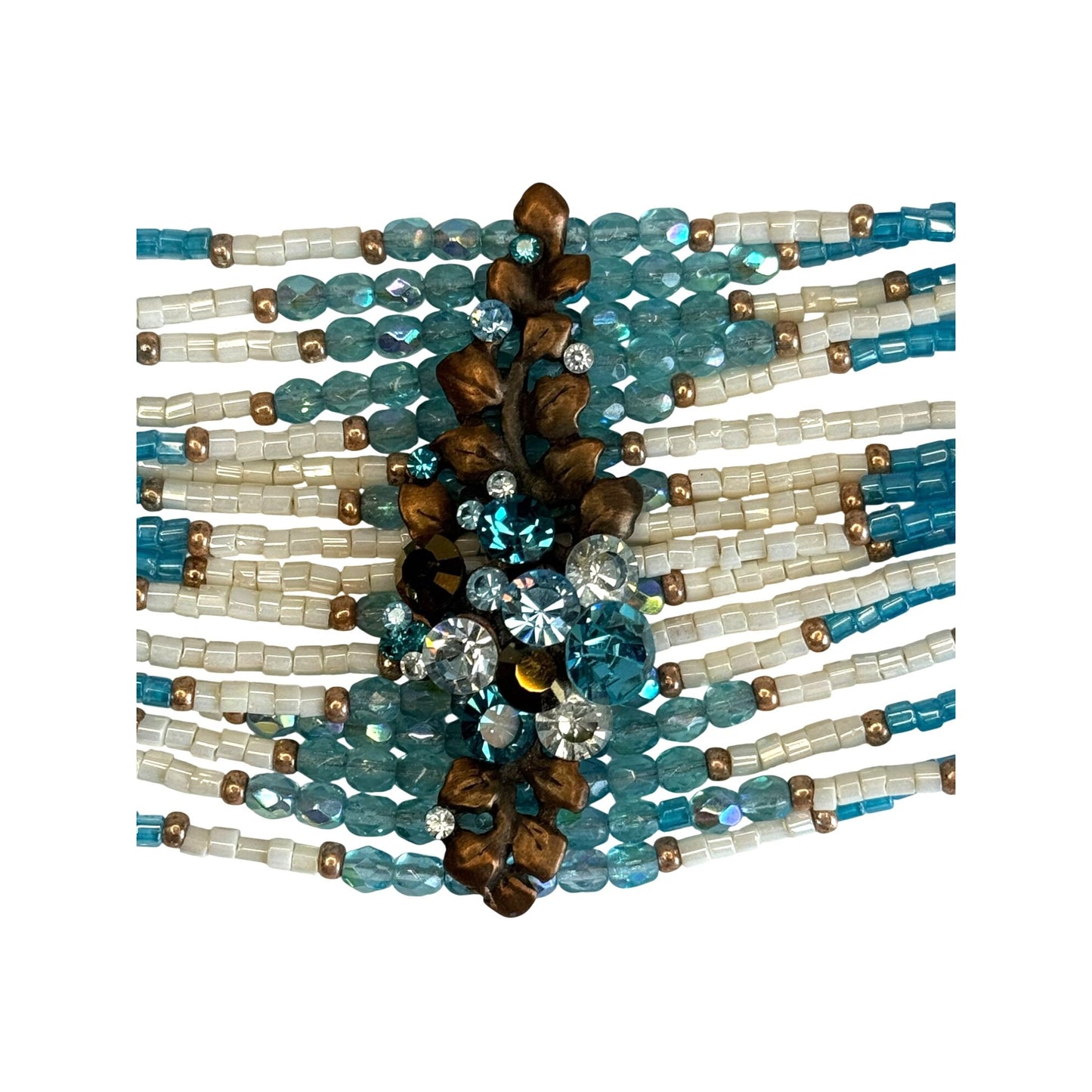 Aqua Boho Wide Cuff Statement Bracelet Seed Beads Rhinestone Center Adjustable 7 1/2"-9 1/2"