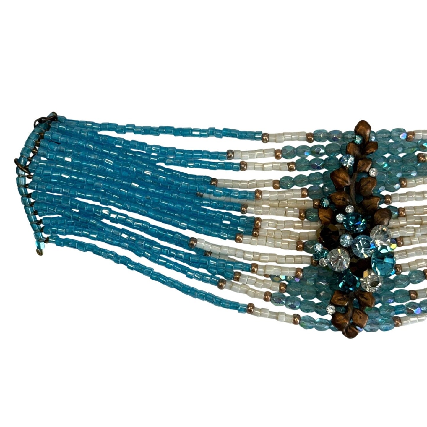 Aqua Boho Wide Cuff Statement Bracelet Seed Beads Rhinestone Center Adjustable 7 1/2"-9 1/2"