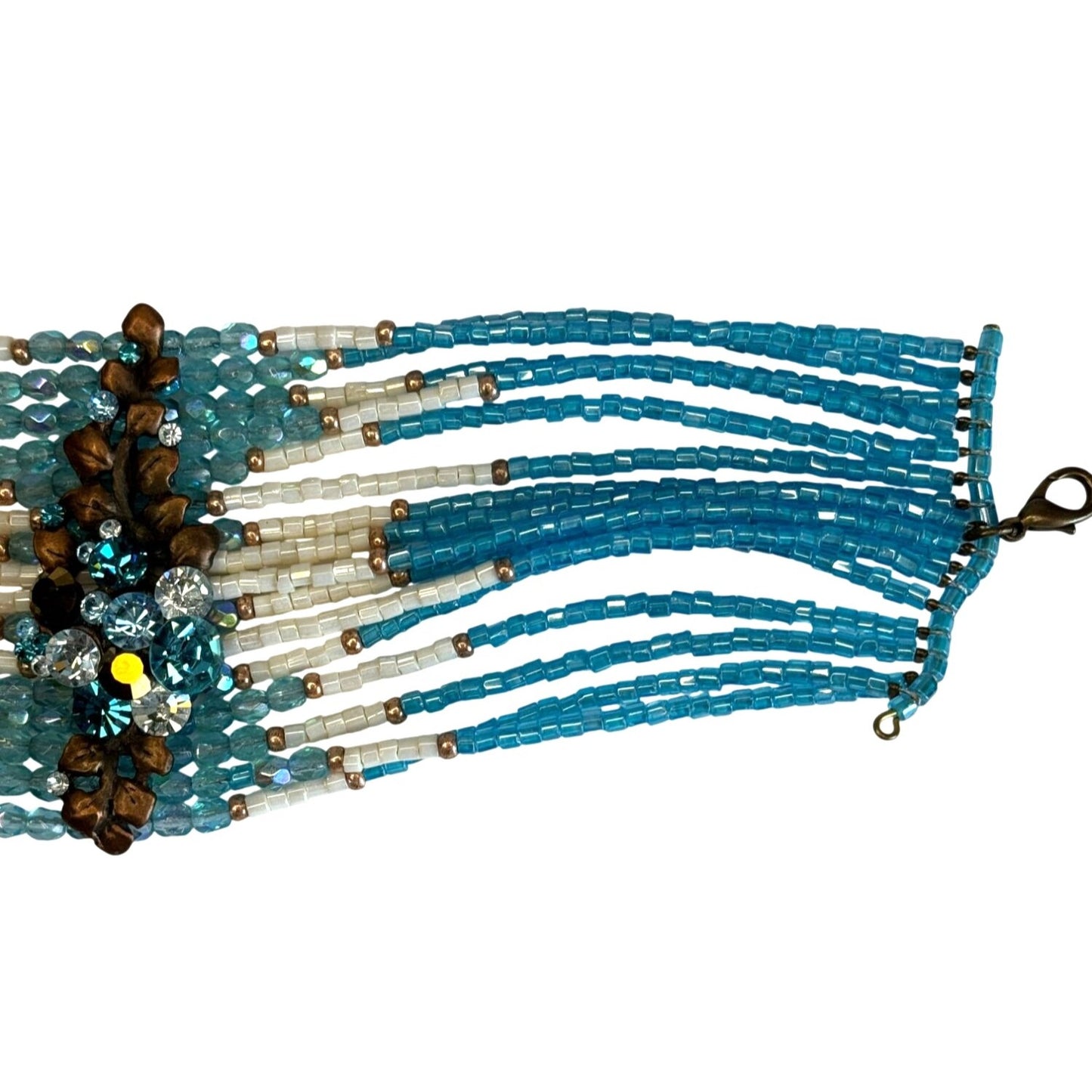 Aqua Boho Wide Cuff Statement Bracelet Seed Beads Rhinestone Center Adjustable 7 1/2"-9 1/2"