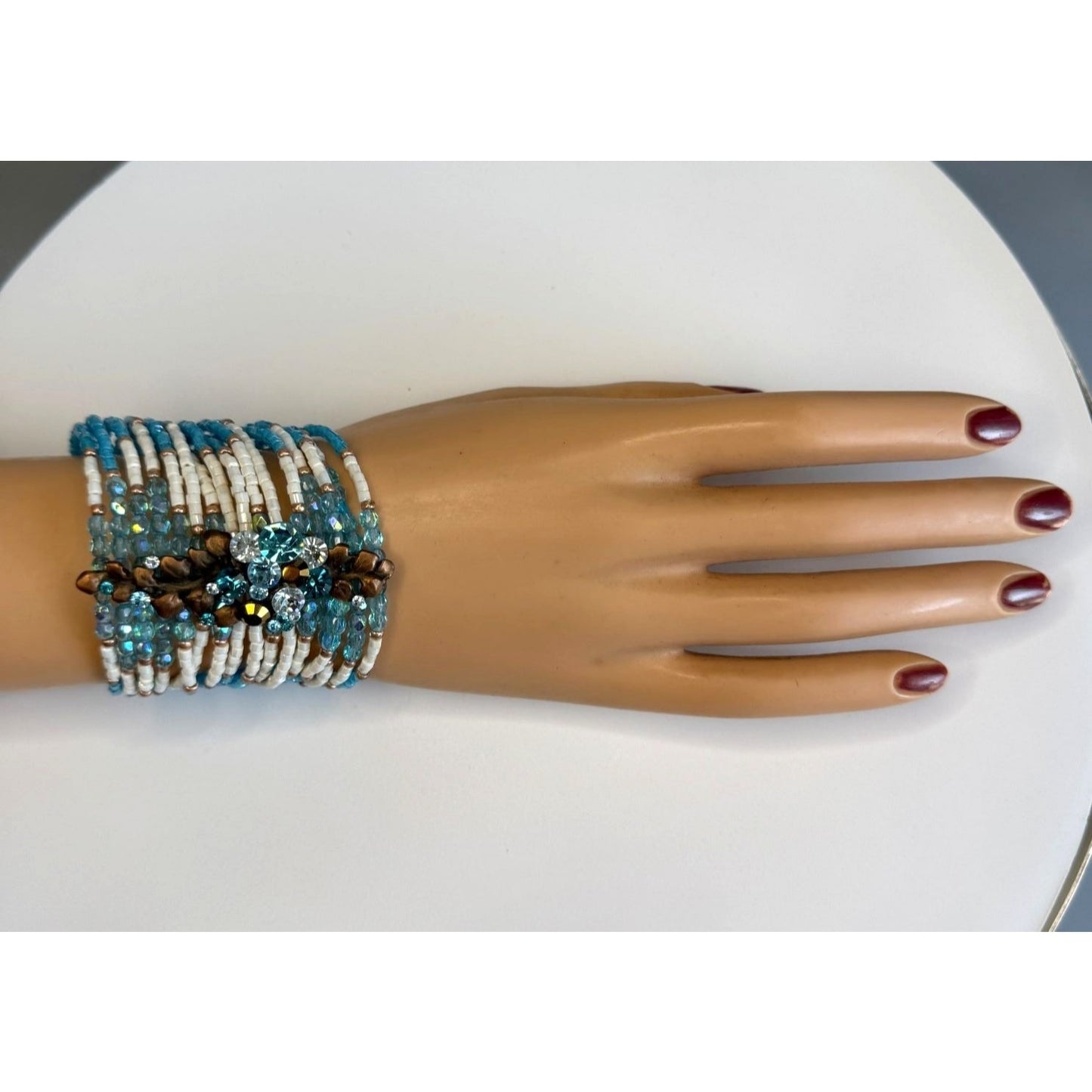 Aqua Boho Wide Cuff Statement Bracelet Seed Beads Rhinestone Center Adjustable 7 1/2"-9 1/2"