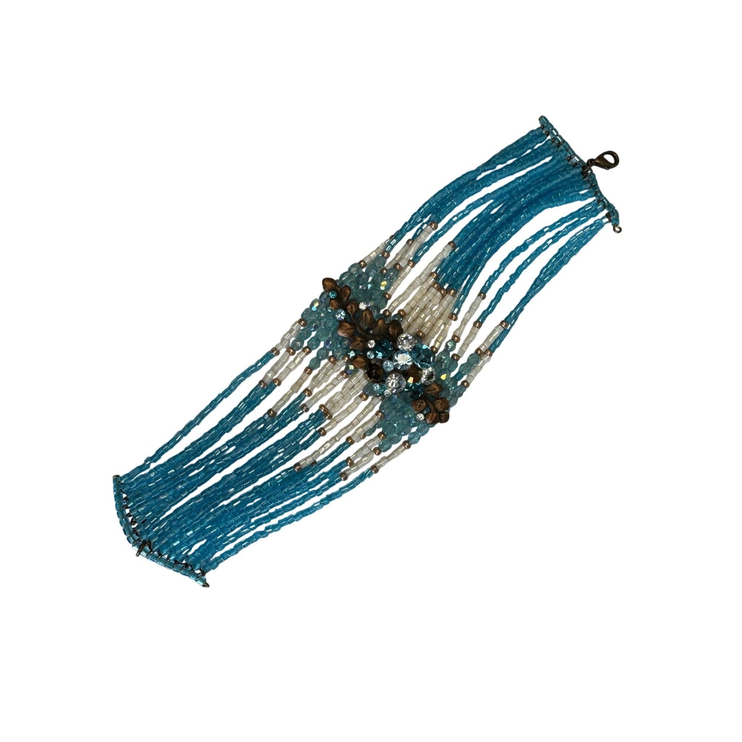 Aqua Boho Wide Cuff Statement Bracelet Seed Beads Rhinestone Center Adjustable 7 1/2"-9 1/2"