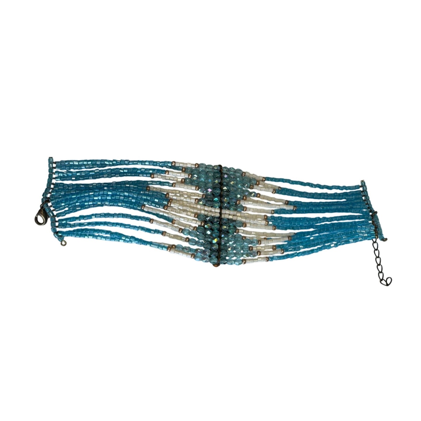 Aqua Boho Wide Cuff Statement Bracelet Seed Beads Rhinestone Center Adjustable 7 1/2"-9 1/2"