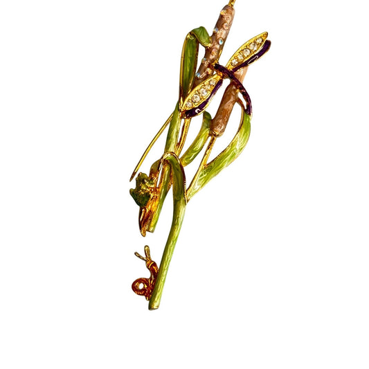 Vintage Goldtone Enameled Cattail Brooch W/ Dragonfly Frog Snail & Crystals Rhinestones