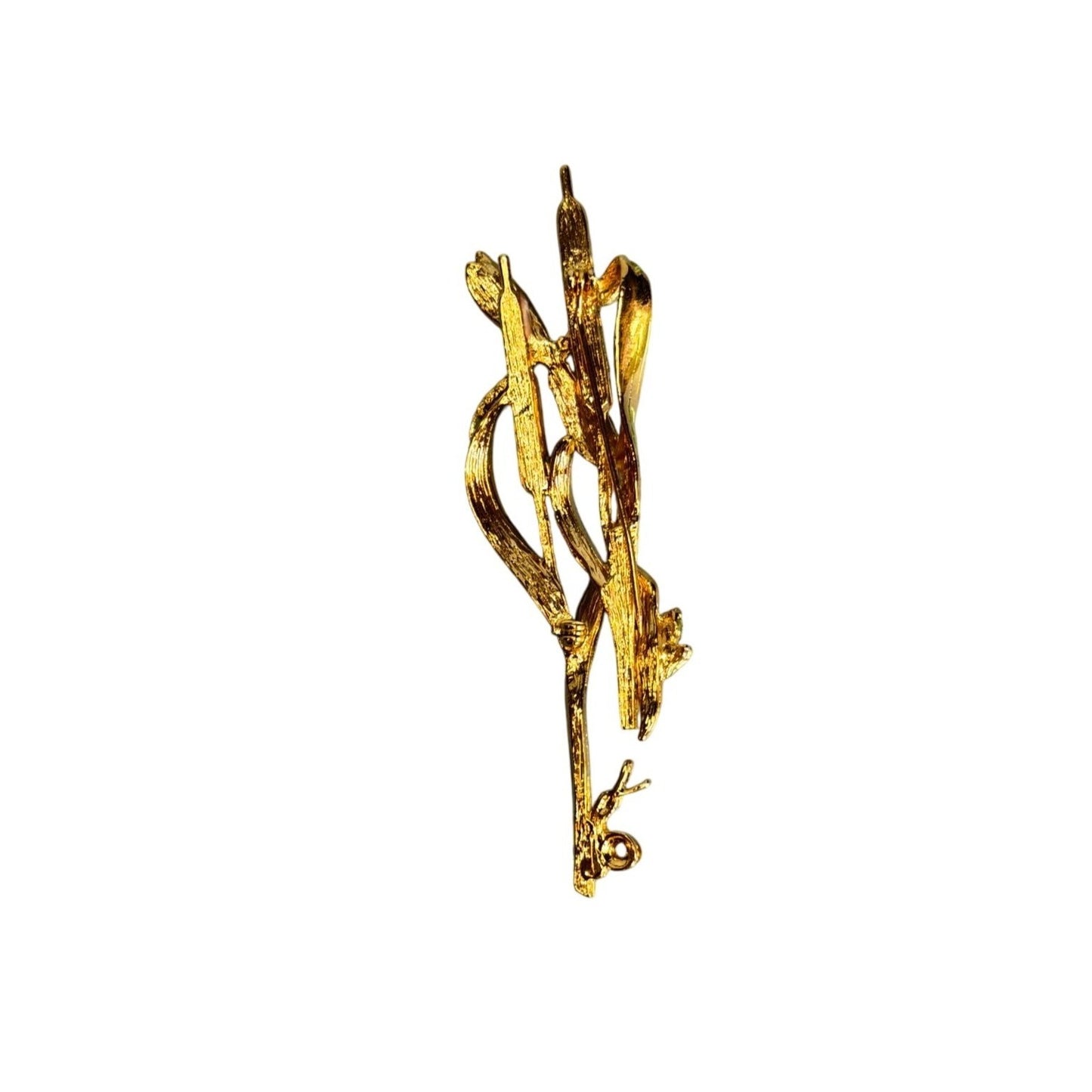 Vintage Goldtone Enameled Cattail Brooch W/ Dragonfly Frog Snail & Crystals Rhinestones