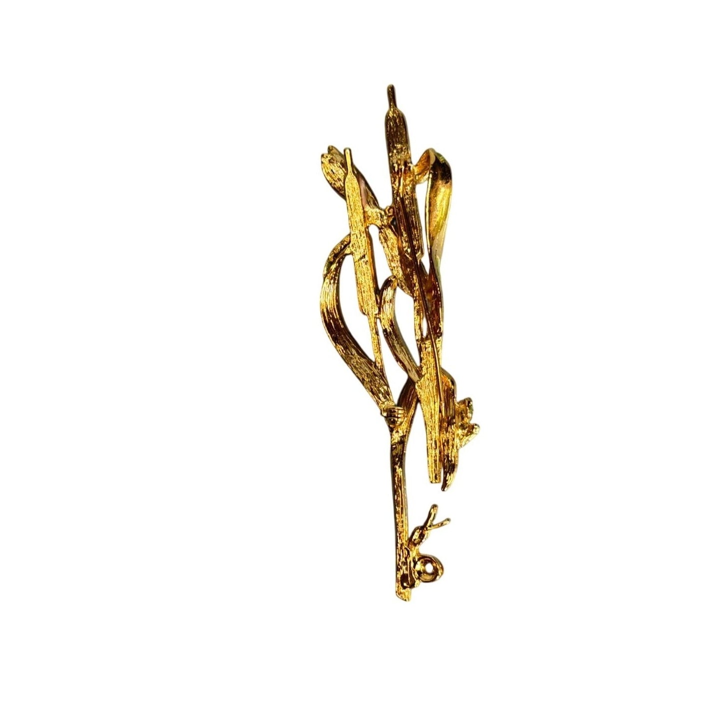 Vintage Goldtone Enameled Cattail Brooch W/ Dragonfly Frog Snail & Crystals Rhinestones