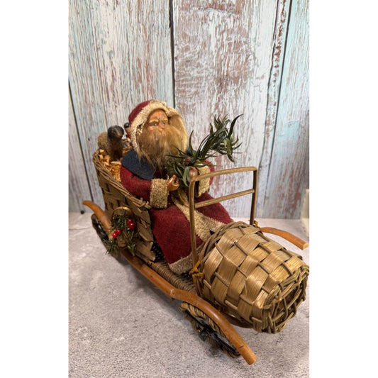 Bethany Lowe Santa Claus Figurine Woven Sleigh With Toys Red/Beige Wool/Wicker 11"