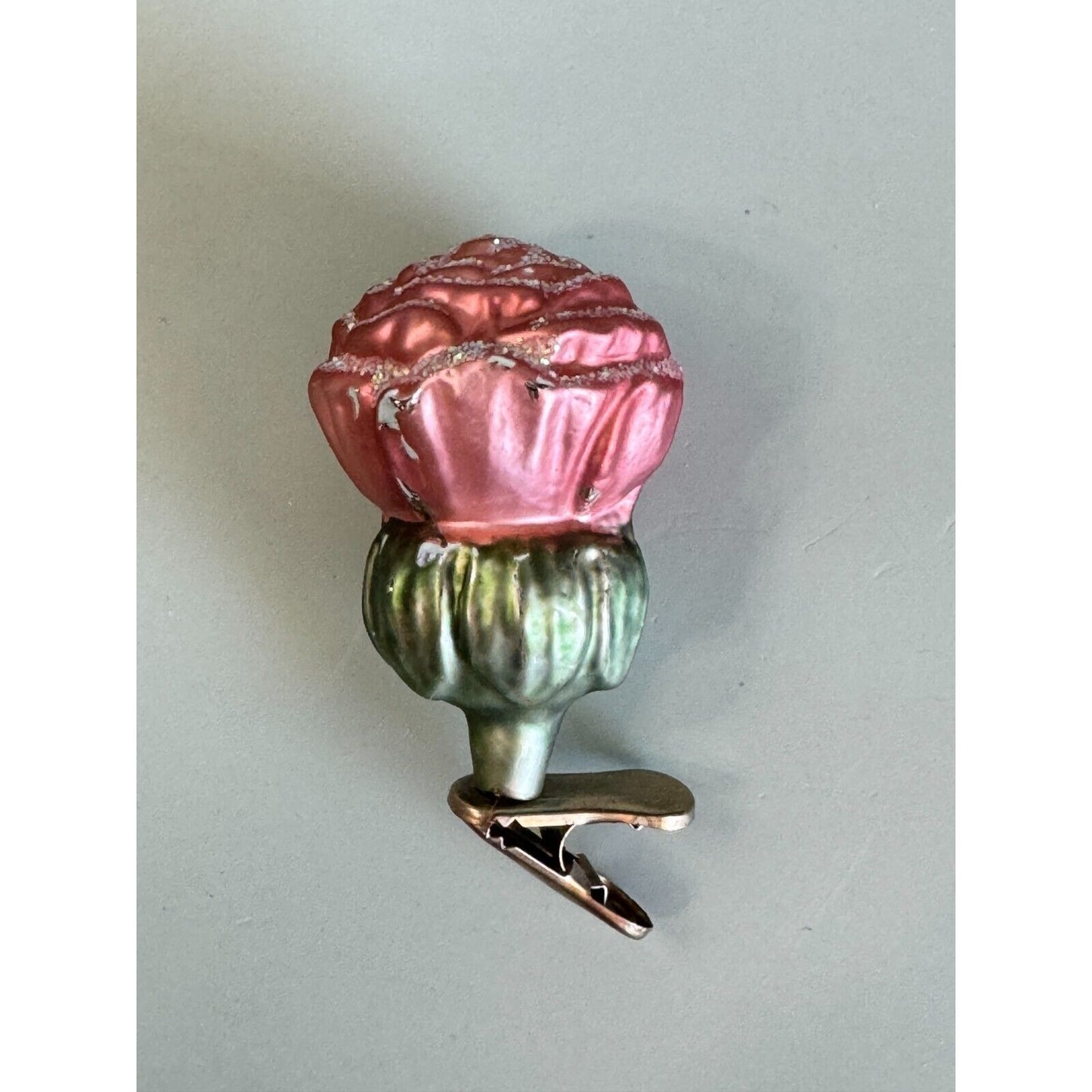 Vintage Blown Glass Rose Bud Clip On Christmas Ornament Midcentury