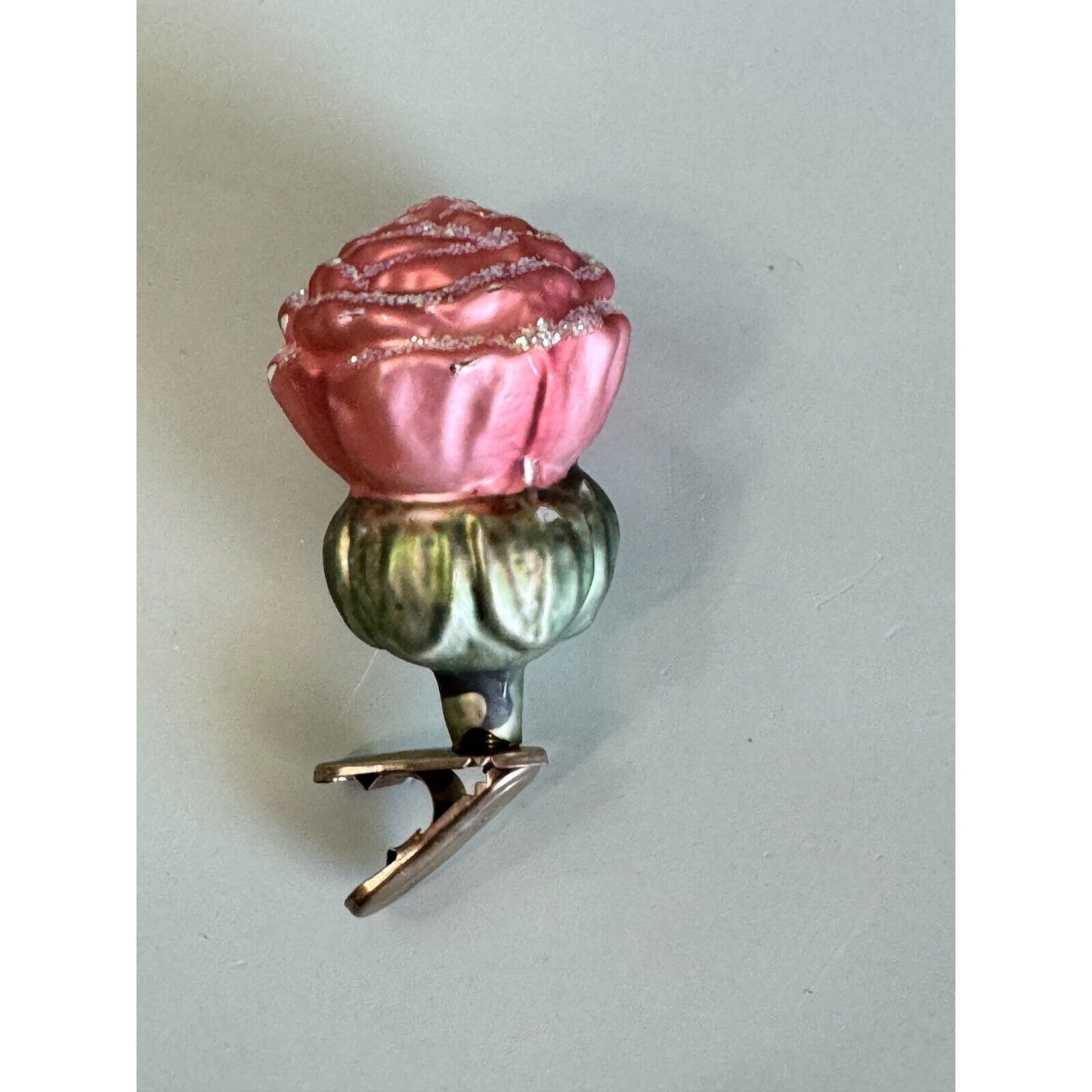 Vintage Blown Glass Rose Bud Clip On Christmas Ornament Midcentury