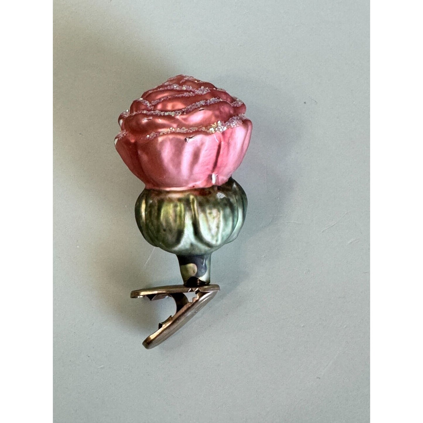 Vintage Blown Glass Rose Bud Clip On Christmas Ornament Midcentury