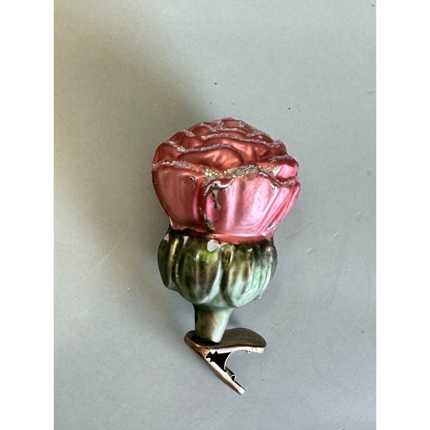 Vintage Blown Glass Rose Bud Clip On Christmas Ornament Midcentury