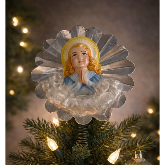 Vintage Praying Angel Tree Topper Blowmold Foil Spun Cotton 7.5"