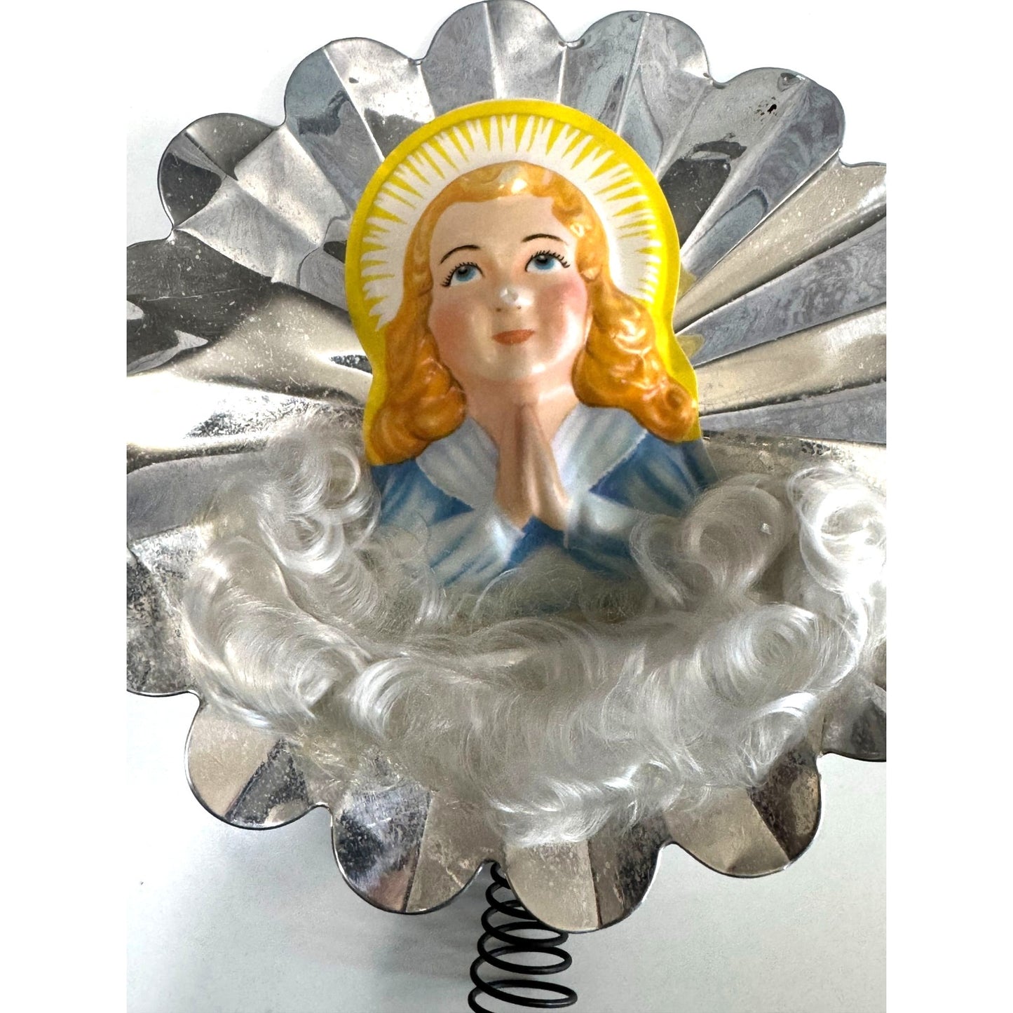 Vintage Praying Angel Tree Topper Blowmold Foil Spun Cotton 7.5"