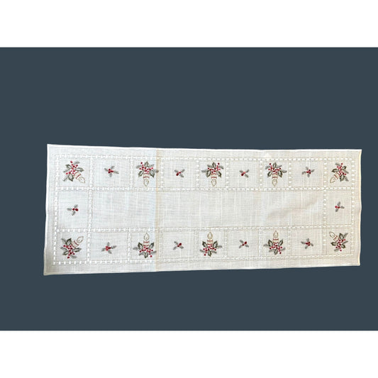 Vintage Cream Rectangular Table Runner Christmas Red Green Embroidery 32" x 12"