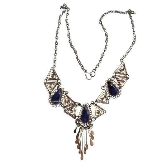 Vintage Silver Necklace Blue Lapis Lazuli Teardrops Intricate Triangle Design 18"