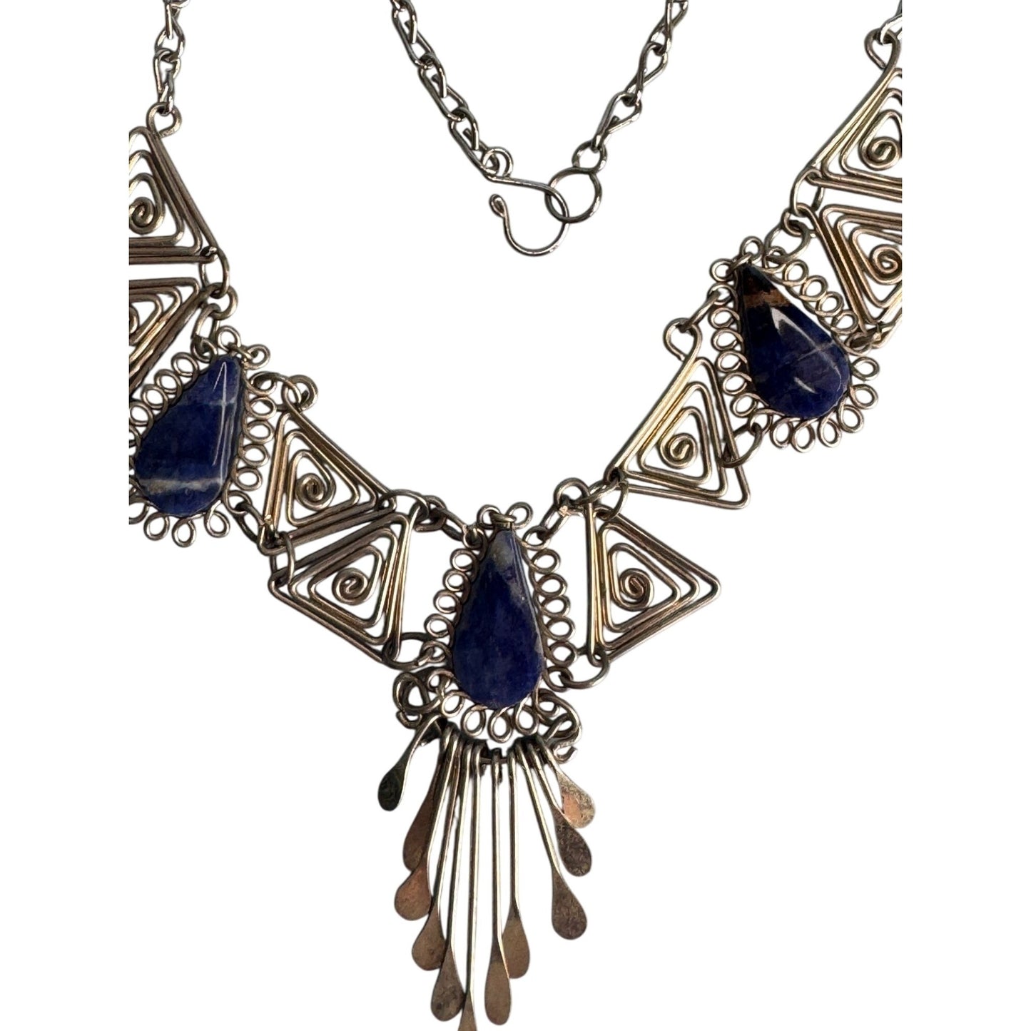 Vintage Silver Necklace Blue Lapis Lazuli Teardrops Intricate Triangle Design 18"