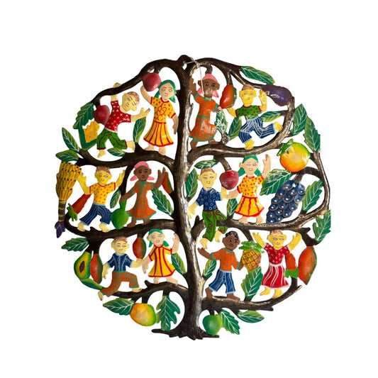 Tree Of Plenty Metal Wall Art With Children & Fruits Hand-Painted Haiti 17"