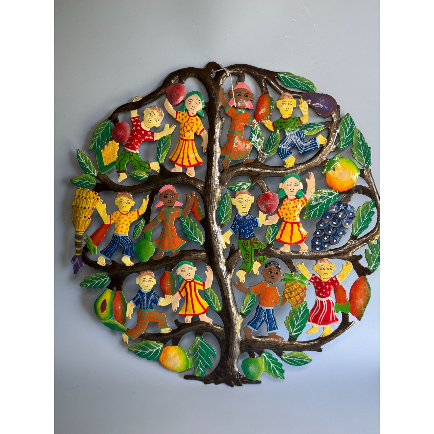 Tree Of Plenty Metal Wall Art With Children & Fruits Hand-Painted Haiti 17"