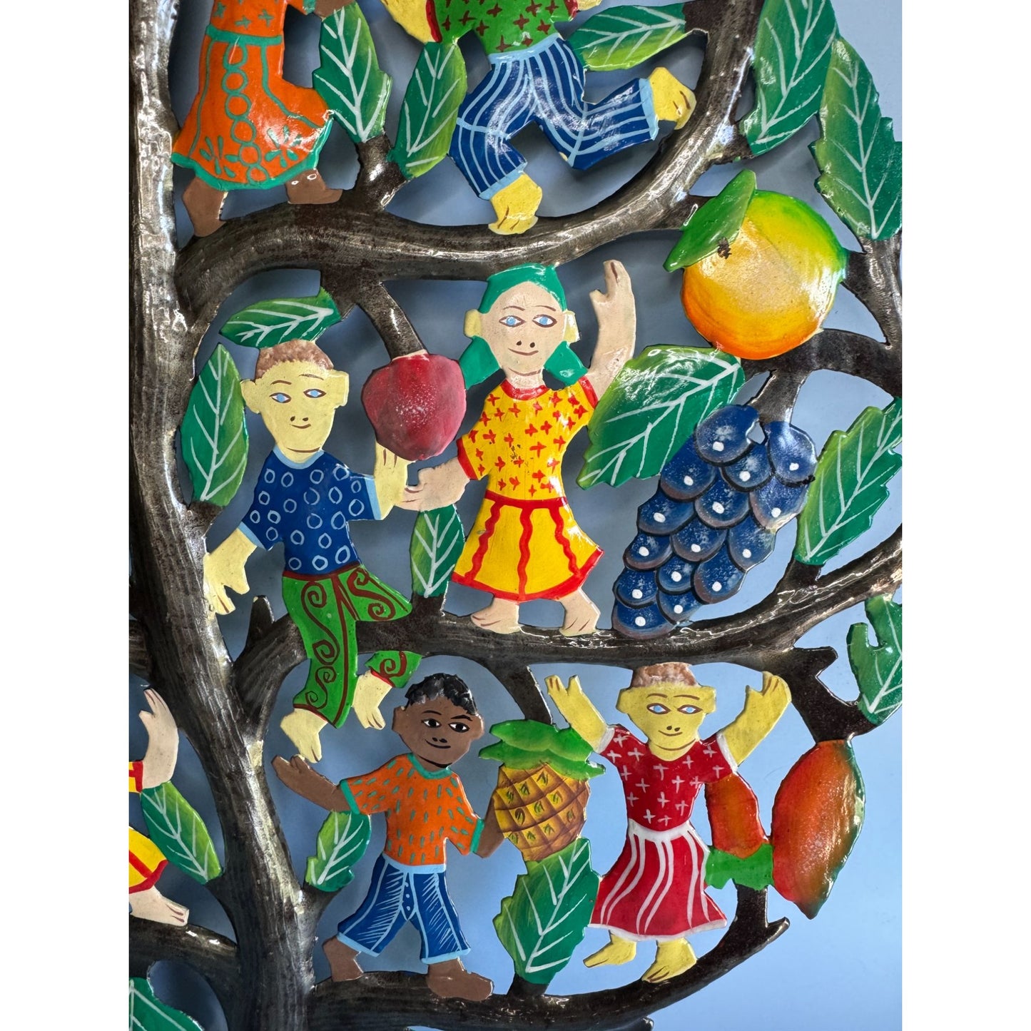 Tree Of Plenty Metal Wall Art With Children & Fruits Hand-Painted Haiti 17"