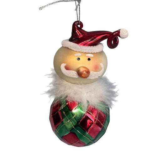 Blown Art Glass Santa Ornament Red Green Pattern Feather Trim 5 Inch
