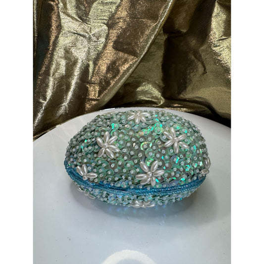 Vintage Beaded Sequin Egg Trinket Box Blue Satin Lined Jeweled 5" x 3 1/2"