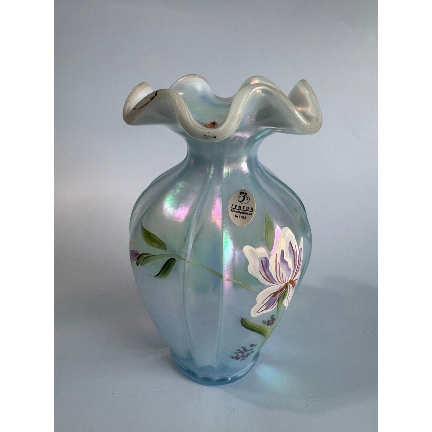 Vintage Fenton Blue Iridescent Ruffled Glass Vase Hand Painted Iris Signed S. Stephens