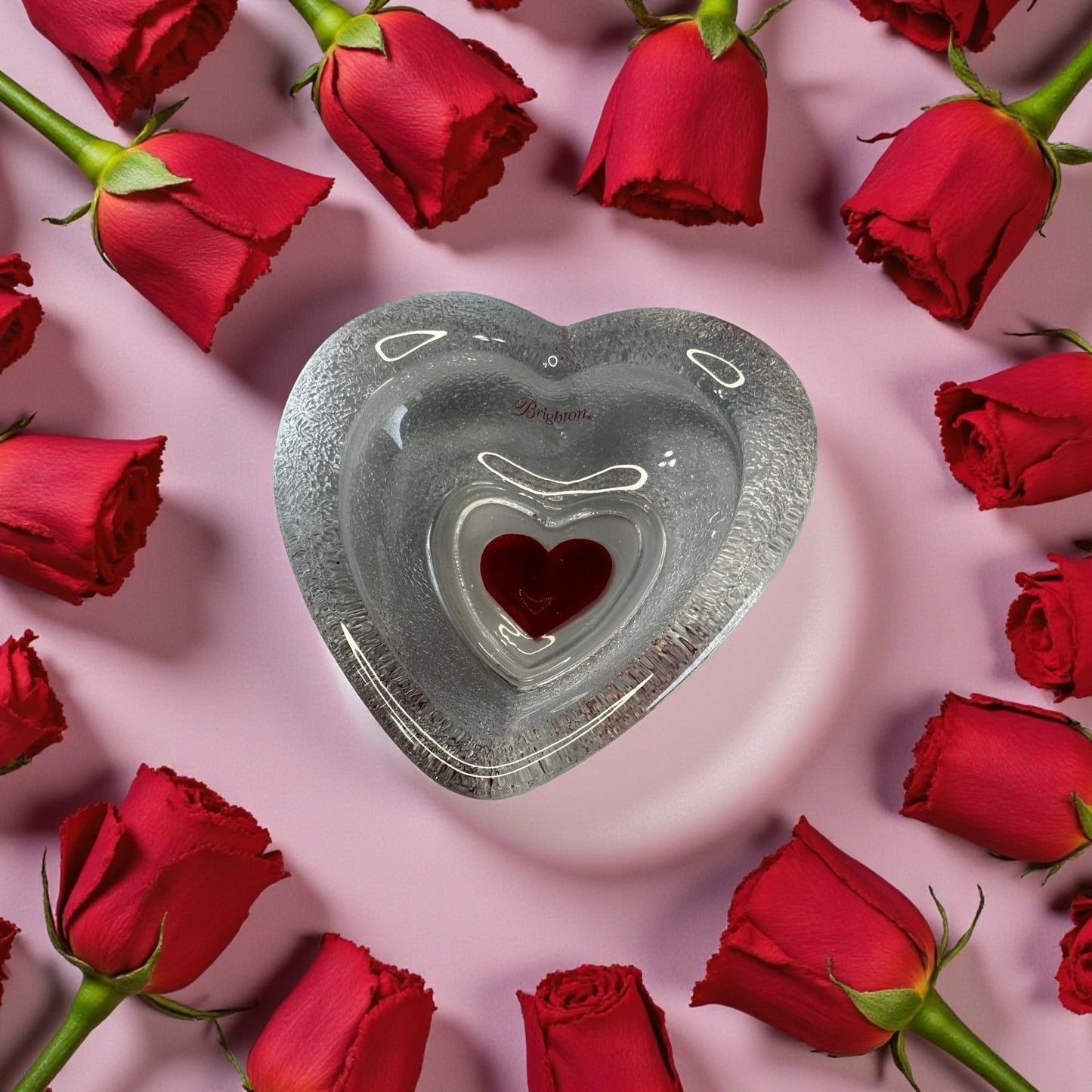 Brighton Heart Shaped Clear Textured Glass Bowl Red Heart Center 5" Box