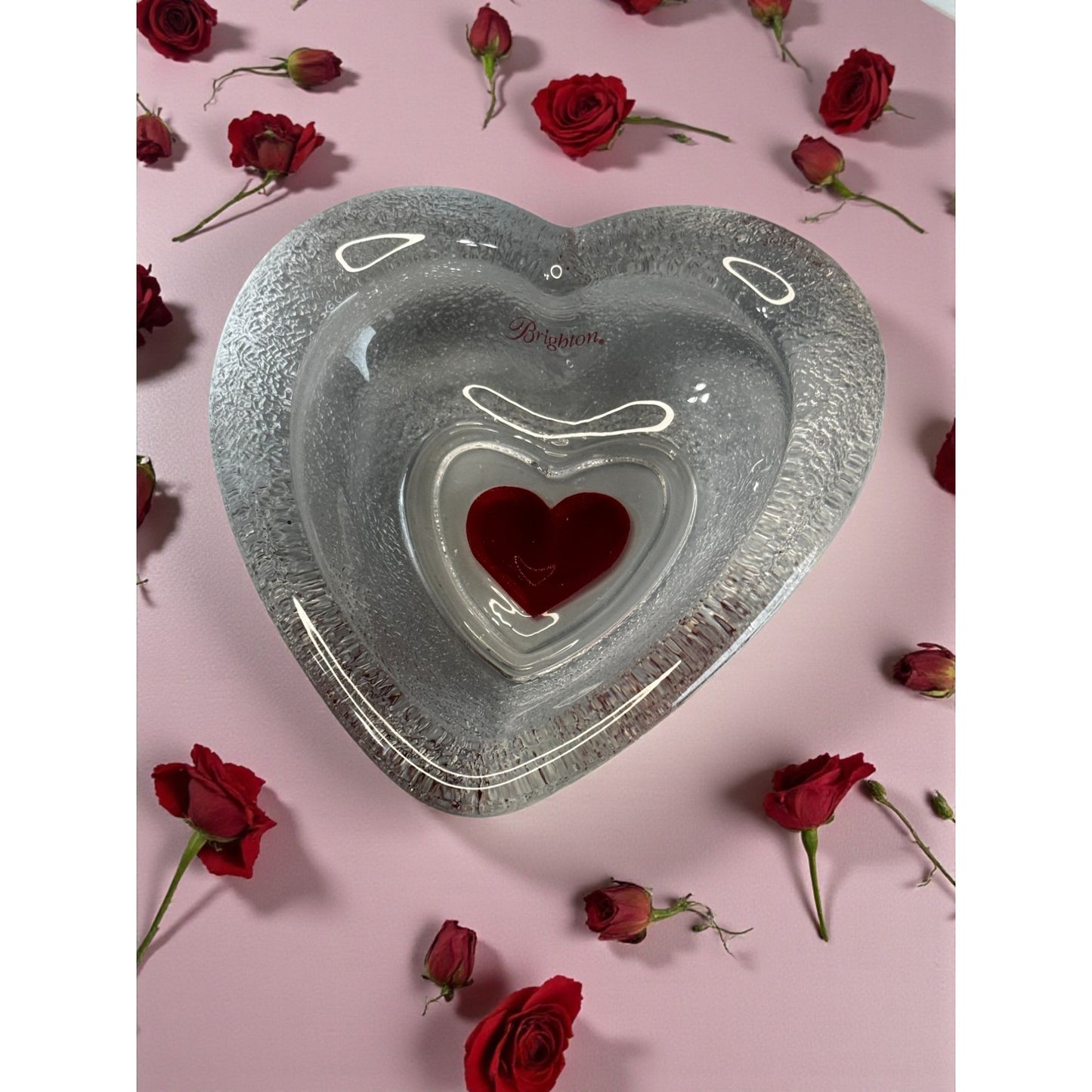 Brighton Heart Shaped Clear Textured Glass Bowl Red Heart Center 5" Box