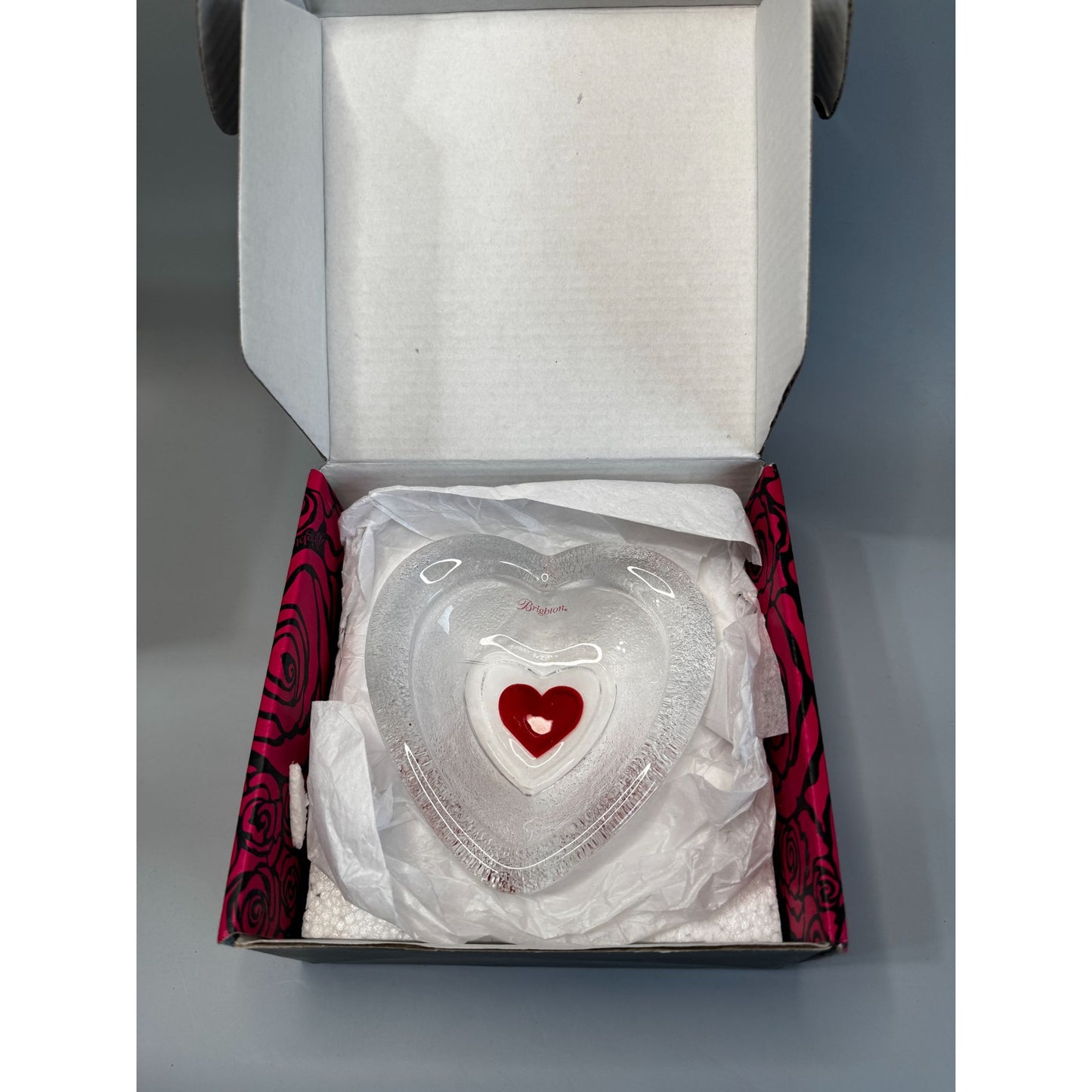 Brighton Heart Shaped Clear Textured Glass Bowl Red Heart Center 5" Box