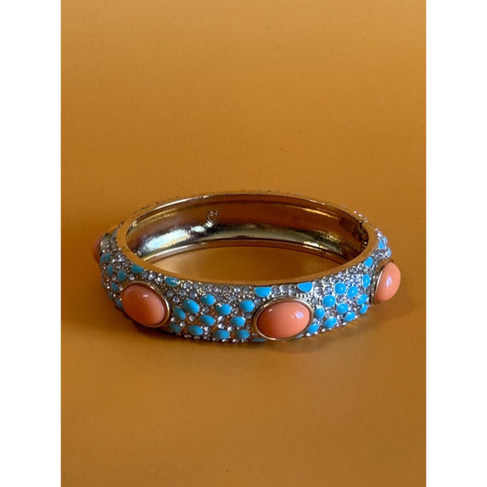 Stella and Dot Turquoise Coral Rhinestone Hinged Bangle Bracelet