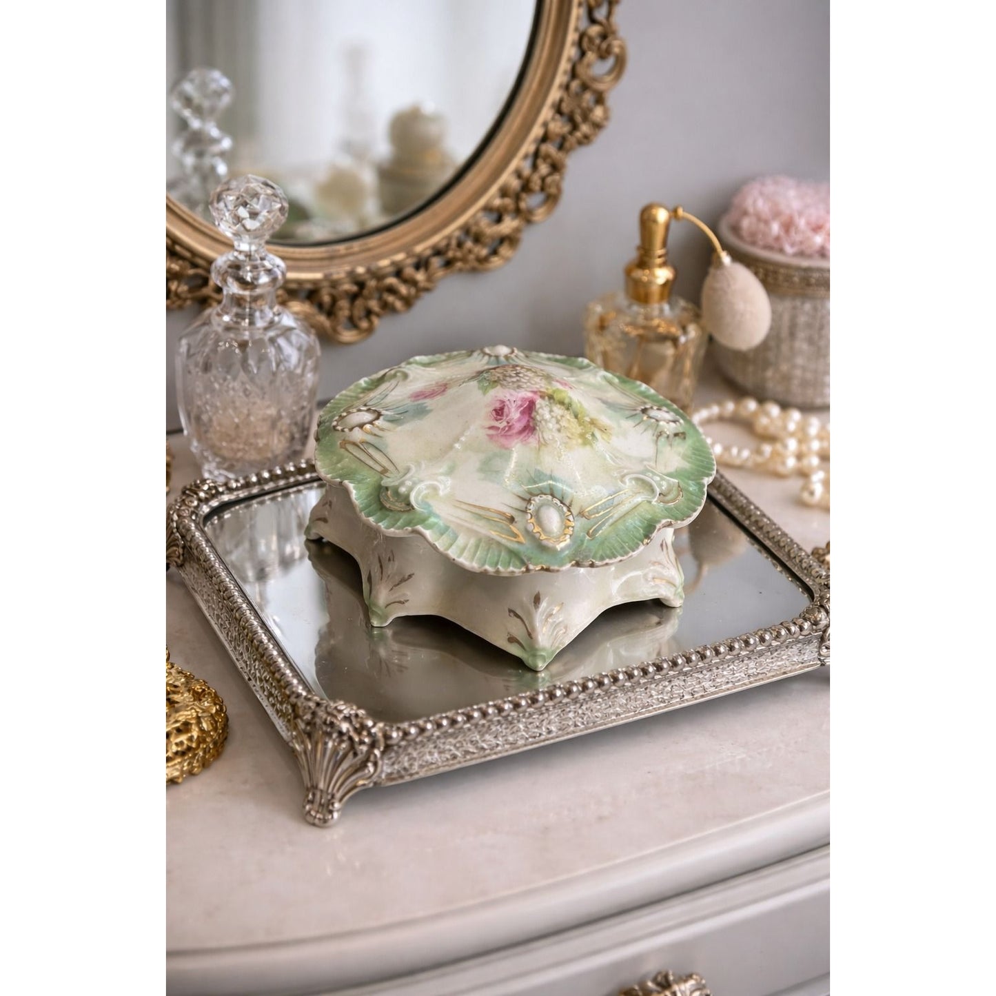 Antique RS Prussia Dresser Box Basket Of Flowers Covered Vanity Jar 5 1/2