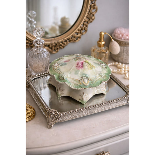 Antique RS Prussia Dresser Box Basket Of Flowers Covered Vanity Jar 5 1/2