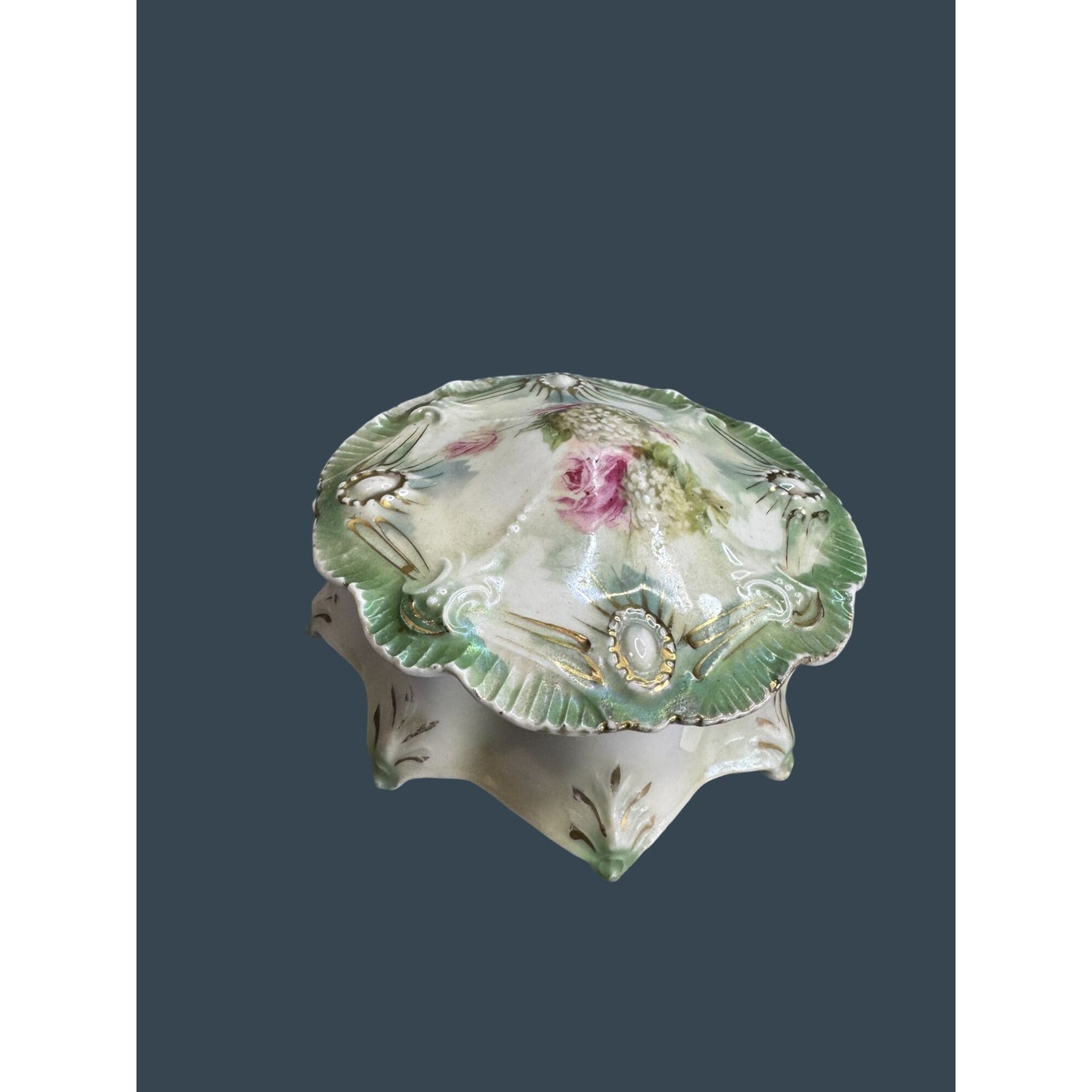 Antique RS Prussia Dresser Box Basket Of Flowers Covered Vanity Jar 5 1/2