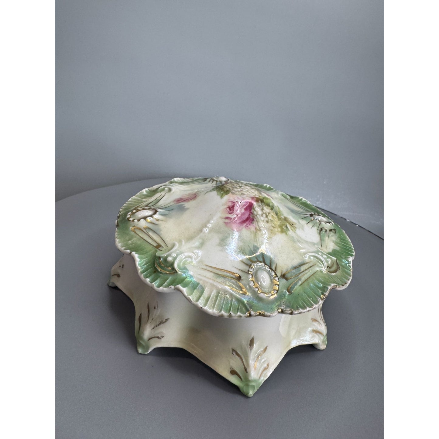 Antique RS Prussia Dresser Box Basket Of Flowers Covered Vanity Jar 5 1/2