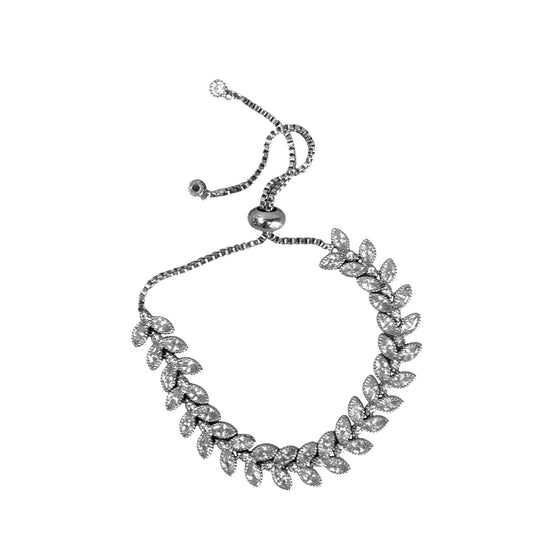 Rhodium-Plated Adjustable Leaf Design Bracelet With Cubic Zirconia Stones