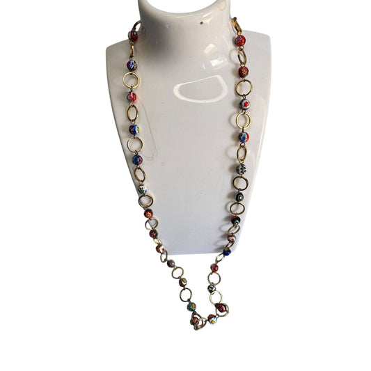Murano Millefiori Glass Bead Necklace Goldtone Chain Handmade Italian Jewelry