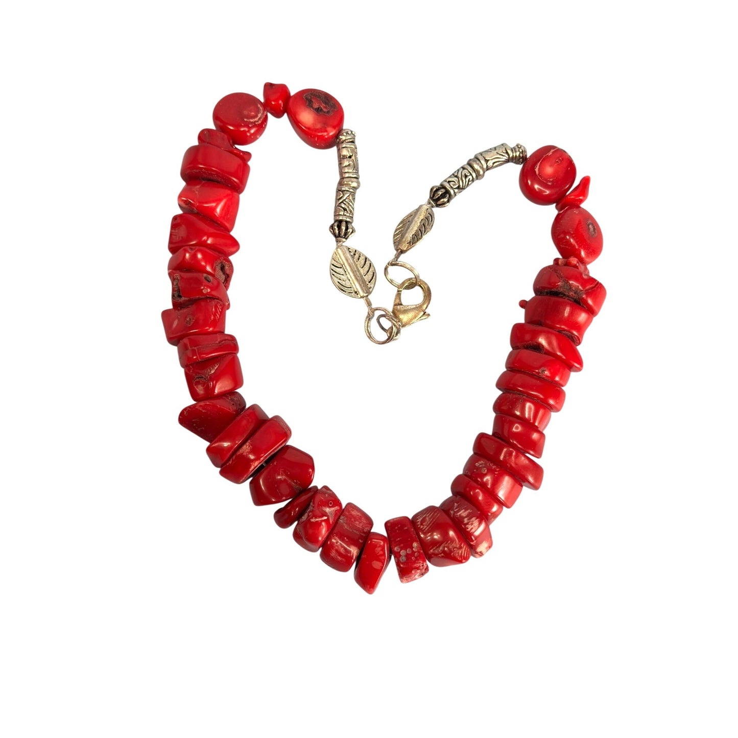 Red Bamboo Coral Chunky Necklace Etched Silver-Tone Accents 21" Long 218g