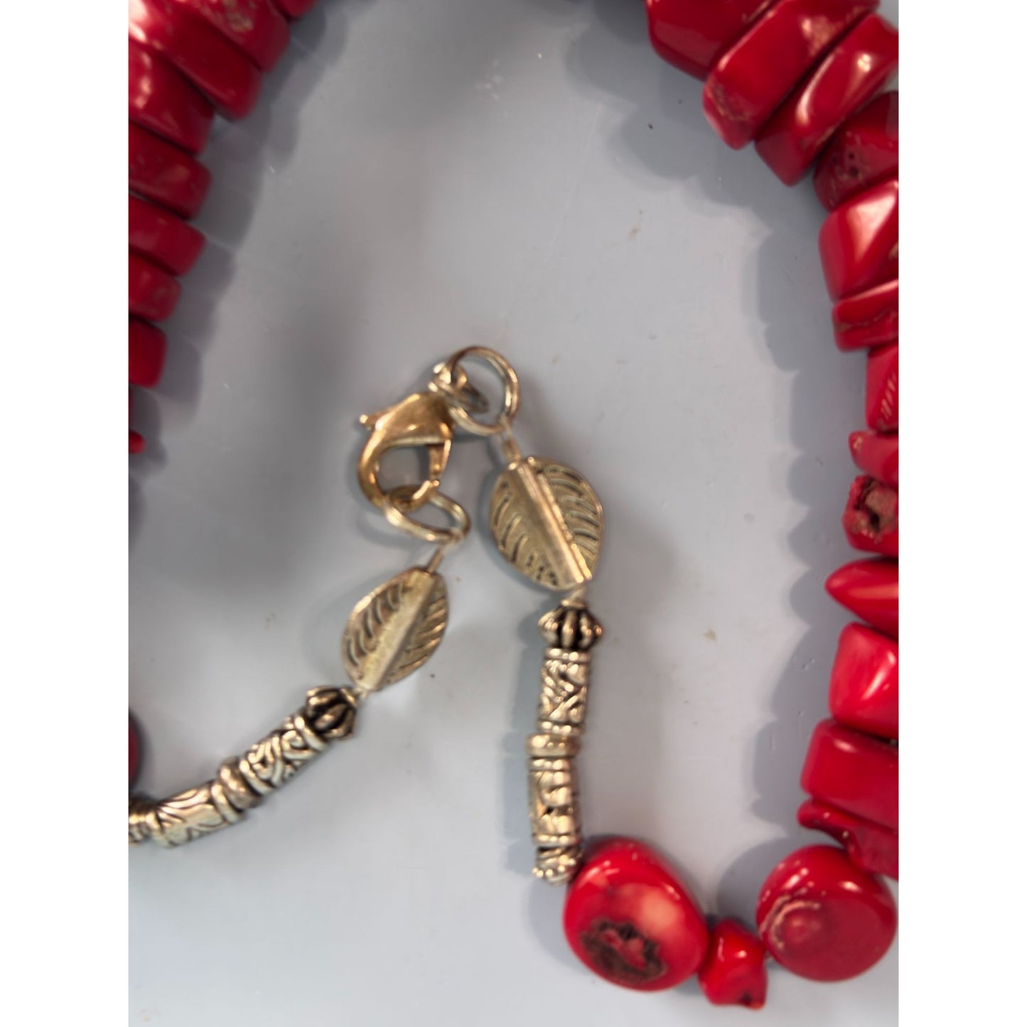 Red Bamboo Coral Chunky Necklace Etched Silver-Tone Accents 21" Long 218g